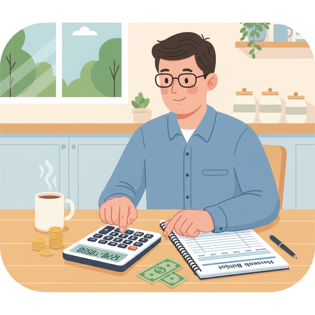 A person is sitting at a kitchen table, using a calculator to do simple addition and subtraction for household budgeting. A person doing practical daily math calculations related to K12 math education practicality