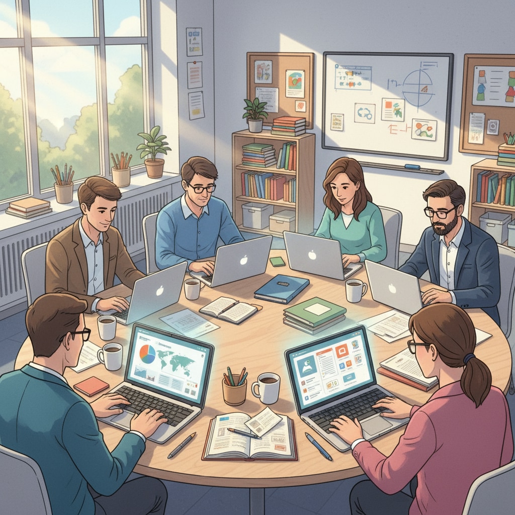 A group of teachers are sitting around a table, using laptops to access digital teaching tools in a modern, well-lit classroom. There are some books and papers on the table, but the main focus is on the digital screens showing various educational applications. Teachers using digital tools for time management and enhanced educational technology in a classroom