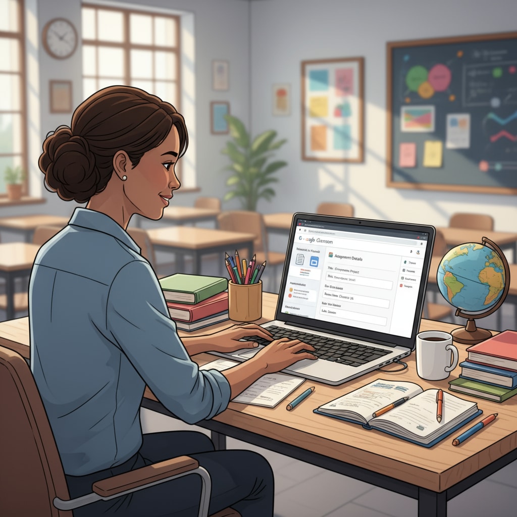 An educator is sitting at a desk, concentrating on creating a detailed lesson plan on Google Classroom. The screen shows different sections of the lesson, including materials to be uploaded, assignment details, and a schedule for the class. Educator using Google Classroom, a key educational technology tool, to plan lessons and manage time