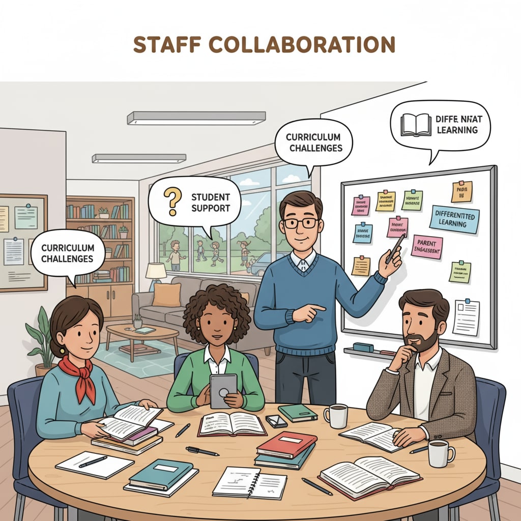A group of teachers engaged in a discussion in a staff room, sharing ideas and concerns related to their teaching. Teachers discussing in staff room regarding professional status and teaching support