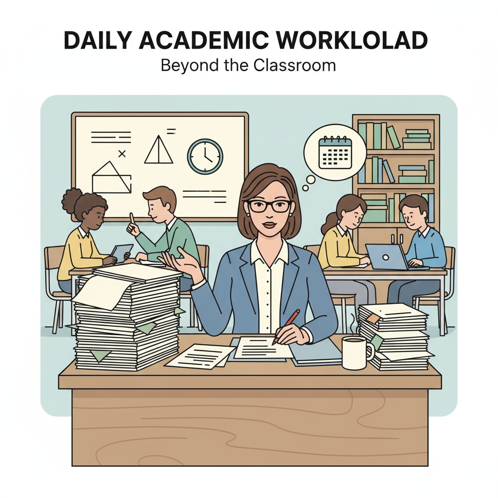 A teacher sitting at a desk, grading student papers, showing the daily workload they handle. Teacher grading papers highlighting the job tasks related to professional status and teaching support