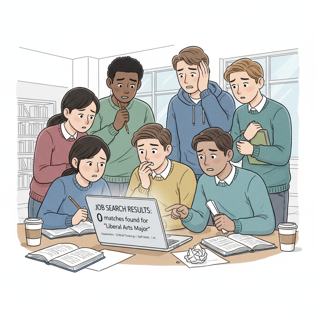 A group of liberal arts students are gathered around a computer, looking confused and worried as they search for job opportunities online. Liberal arts students facing career and financial dilemmas while job hunting