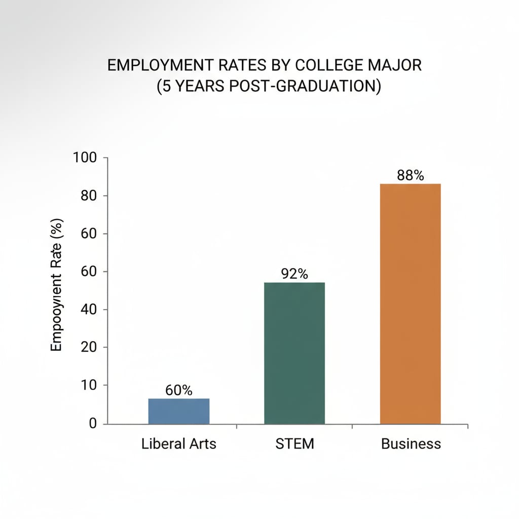 A bar graph comparing the employment rates of liberal arts graduates, STEM graduates, and business graduates. The liberal arts bar is significantly lower. Comparison of employment rates of different majors related to liberal arts education career challenges
