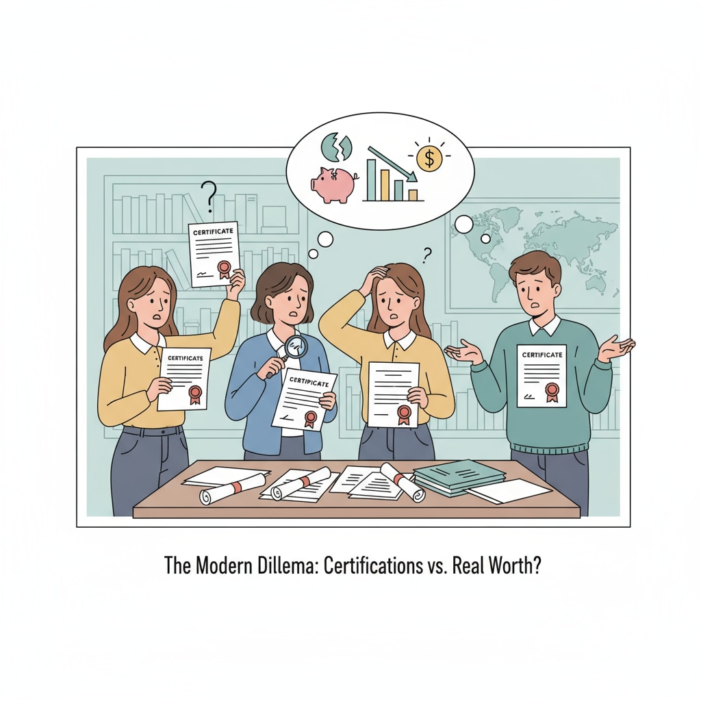 A group of students looking at various certificates, with confused expressions on their faces, symbolizing their uncertainty about the real value of these certificates. Students confused about the value of professional certificates in K12 education.