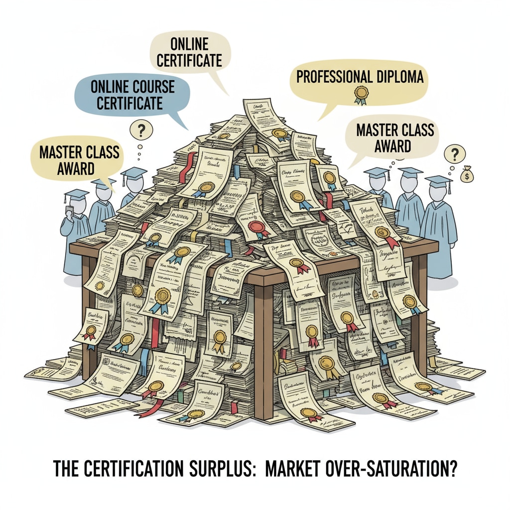 A table filled with different types of educational certificates, highlighting the overabundance in the market. A display of various educational certificates in the K12 education market.