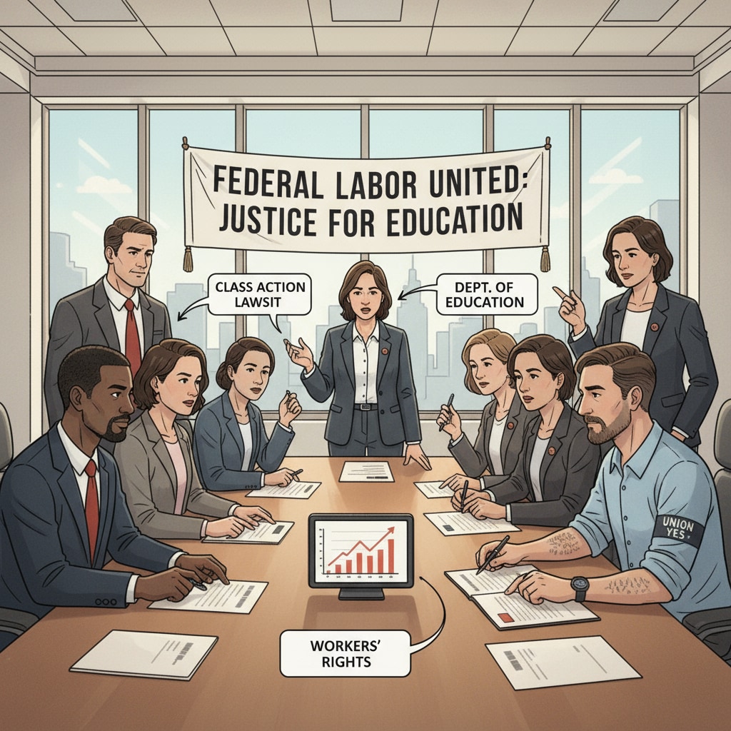 A scene of federal labor union members engaged in a serious discussion about their lawsuit against the Department of Education, showing unity and determination. Federal labor union members discussing the lawsuit regarding the Department of Education's email modification