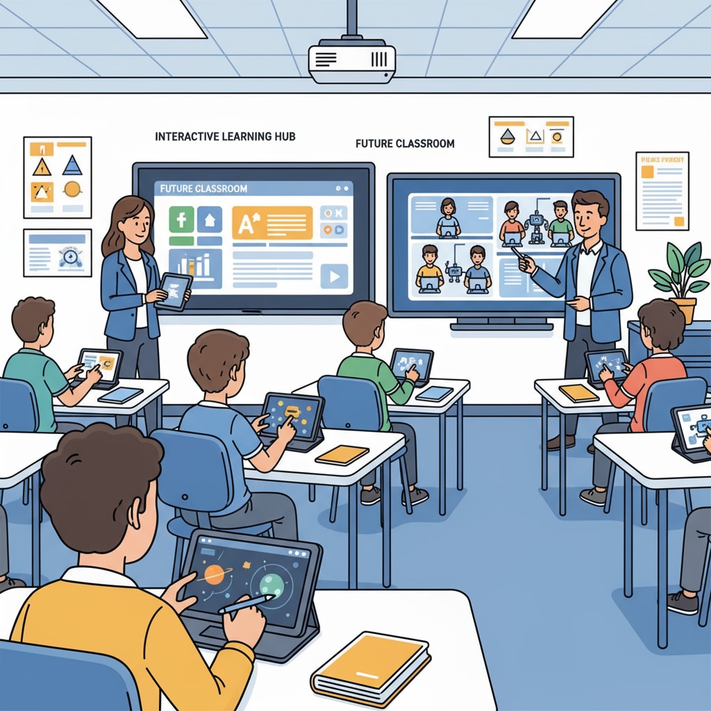 Teachers are seen using tablets and projectors in the classroom, interacting with students who are engaged in learning activities facilitated by educational technology. Teachers using educational technology in the classroom to ease their workload and enhance student learning, related to teacher workload, educational technology, and teacher feedback