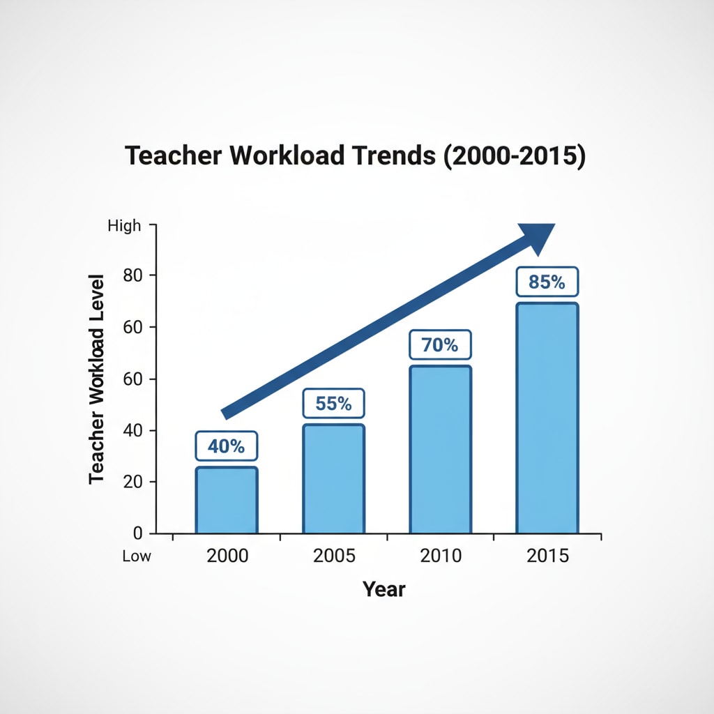 A bar graph with years on the x-axis and teacher workload levels on the y-axis, showing a steady increase in workload over time. Graph showing the increasing teacher workload over the years, highlighting the need for solutions related to teacher workload, educational technology, and teacher feedback