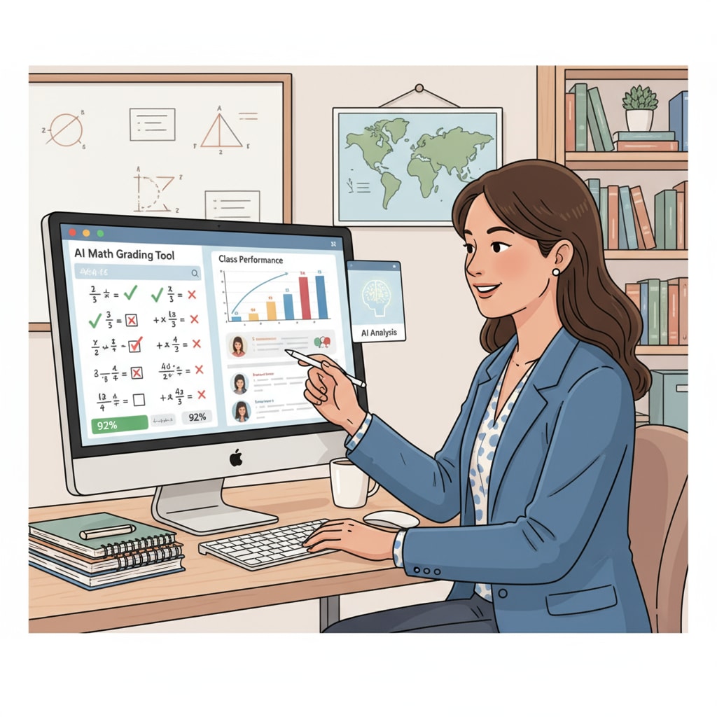 An illustration depicts a teacher sitting in front of a computer, using an AI math grading tool to evaluate students' assignments. A teacher using an AI math grading tool to reduce workload and save working hours.