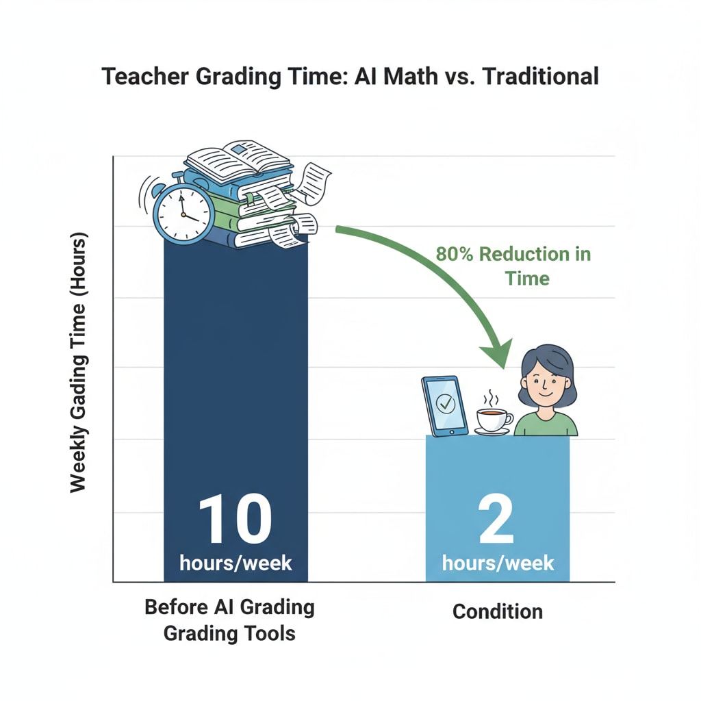 A graph shows the comparison of teacher grading time before and after the adoption of AI math grading tools, indicating a significant reduction. Graph demonstrating the impact of AI math grading tools on teachers' working hours and workload.