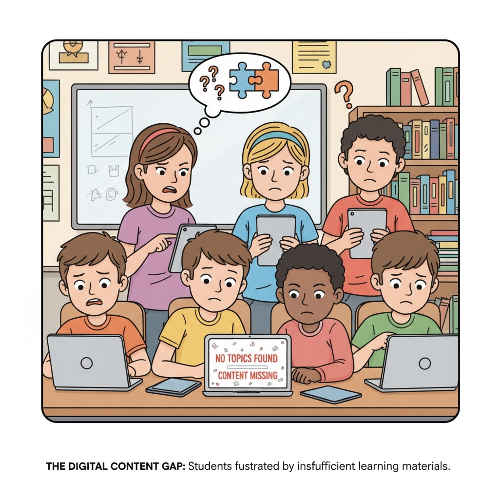 A scene where students are using digital learning platforms, but their expressions show frustration because of the lack of content. This represents the issue of digital learning platforms not providing enough systematic materials. Students frustrated with digital learning platforms due to lack of content related to digital learning, missing textbooks, math exercises, parental tutoring