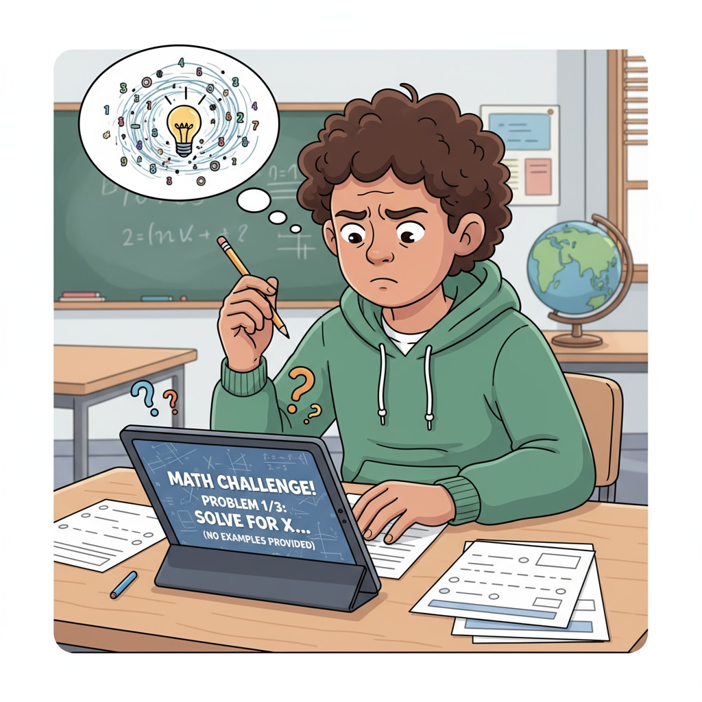 A student is sitting in front of a digital device, looking confused while attempting to solve math problems. This depicts the struggle students face in math learning on digital platforms with insufficient exercises. Confused student during math learning on digital platform regarding digital learning, missing textbooks, math exercises, parental tutoring