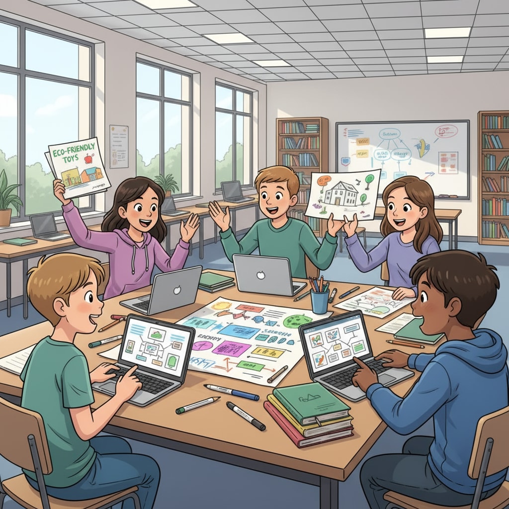 A group of K-12 students are sitting around a table, passionately discussing ideas for their business project. They have papers, markers, and laptops in front of them, showing their active engagement in the process. K-12 students engaged in practical learning for entrepreneurial spirit development