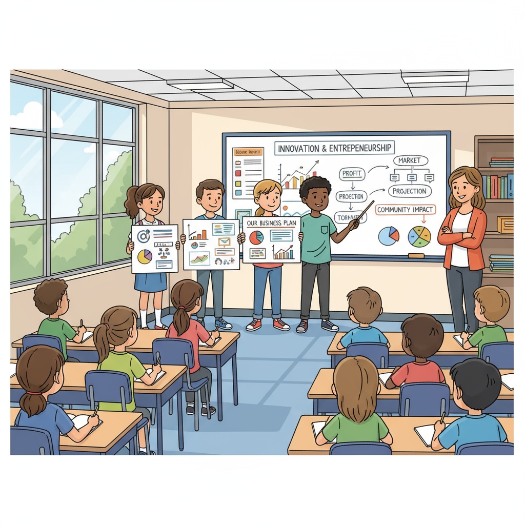 In a classroom setting, K-12 students are standing in front of a whiteboard, presenting their detailed business plans. Their classmates are listening attentively, and the teacher is observing with a positive expression. K-12 students presenting business plans as part of entrepreneurial education through practical learning