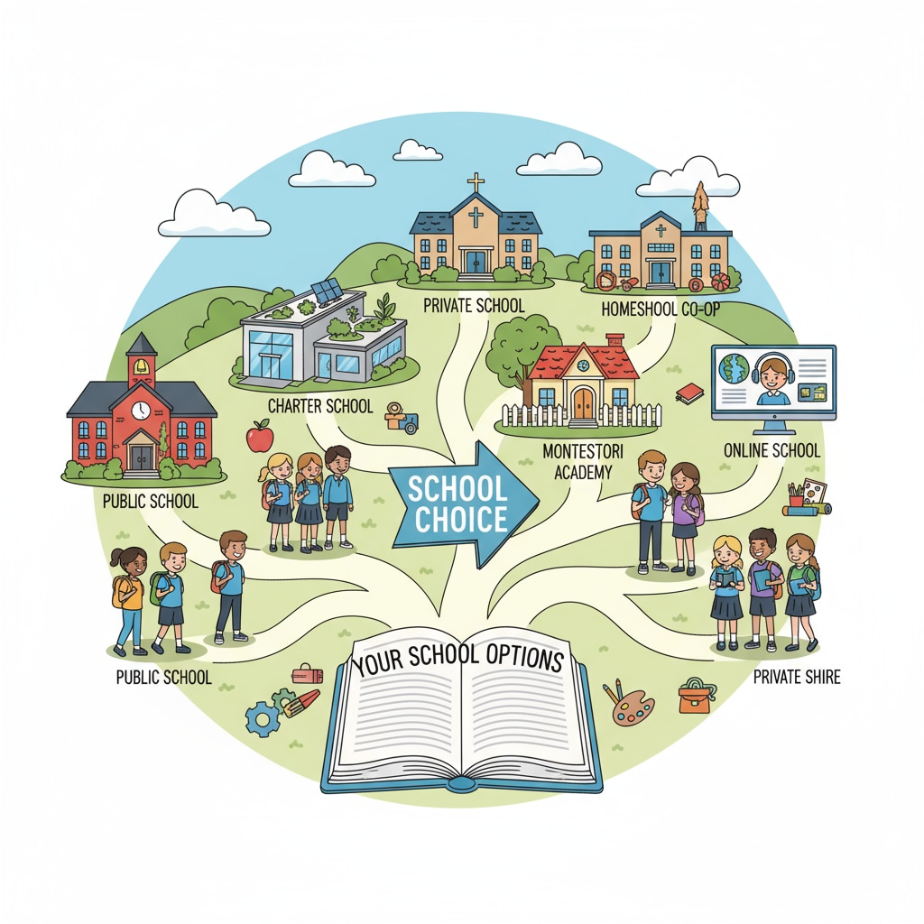 A visual representation of students having various school options as part of school choice programs. School choice options for students