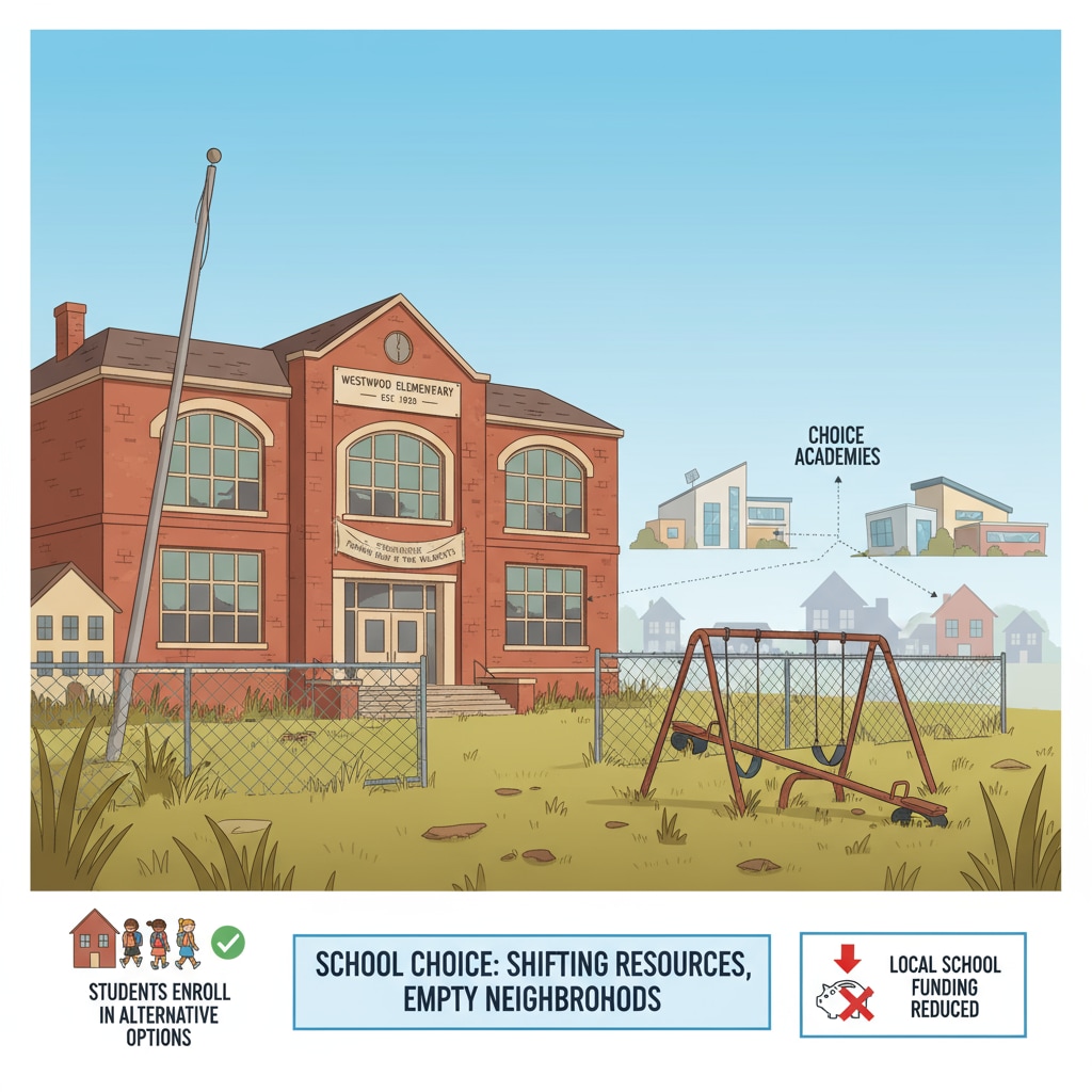 An image showing an empty local school building, indicating the impact of school choice on neighborhood schools. Impact of school choice on neighborhood schools