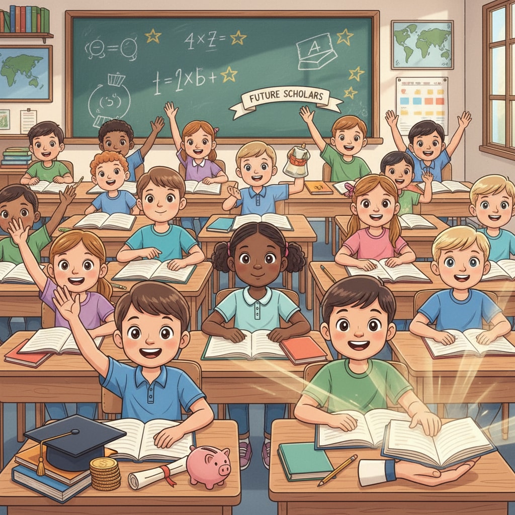 A group of K12 students sitting in a classroom, looking eager to learn, with books on their desks. This represents the students who could benefit from financial support for their education. K12 students in a classroom waiting for educational support due to financial difficulties, student expenses, and in need of donations