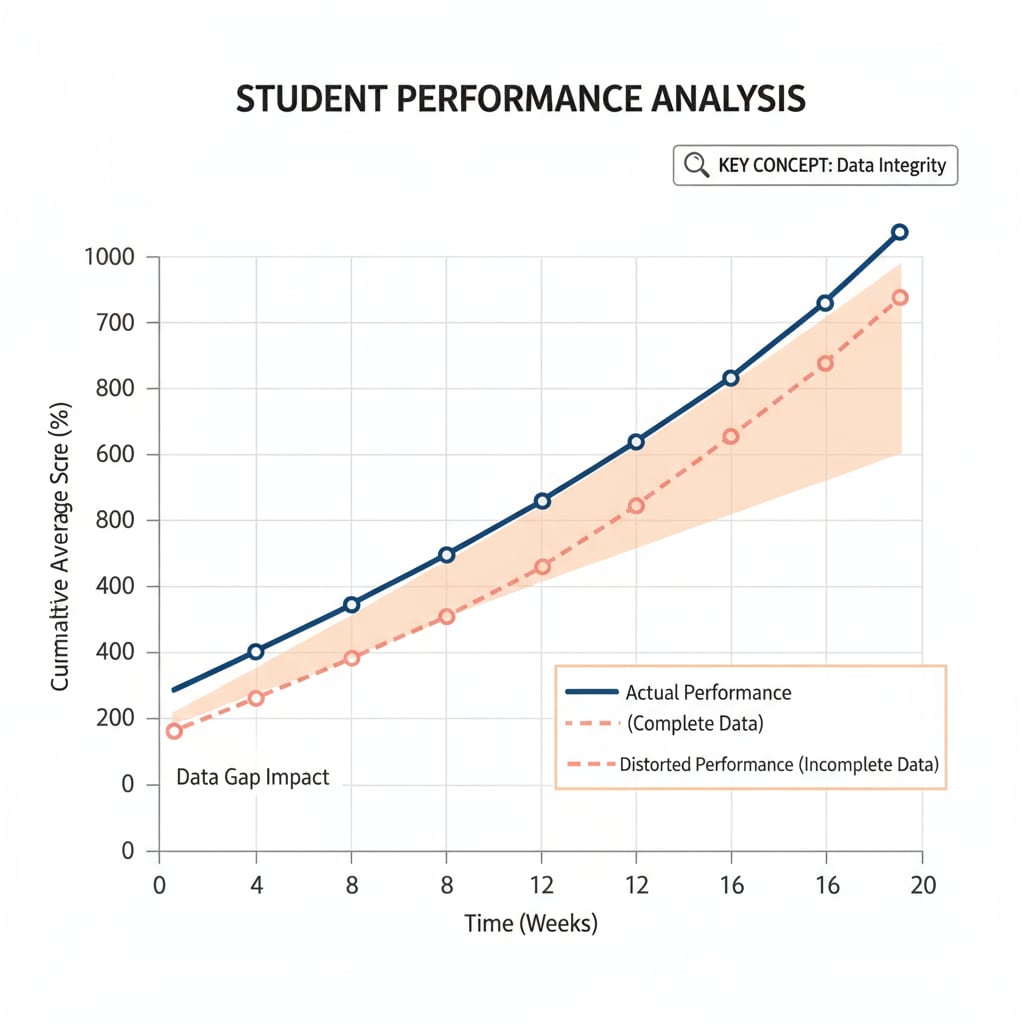 A line graph comparing the actual student performance (if all data were complete) and the distorted performance shown by incomplete data. Graph demonstrating the impact of incomplete data on student performance representation