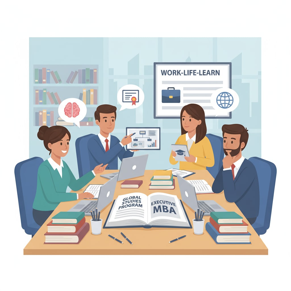 A group of professionals are having a discussion about work and study opportunities in an office. There are laptops and books on the table, indicating their interest in further education while working. Professionals discussing work and on-the-job education opportunities in an office