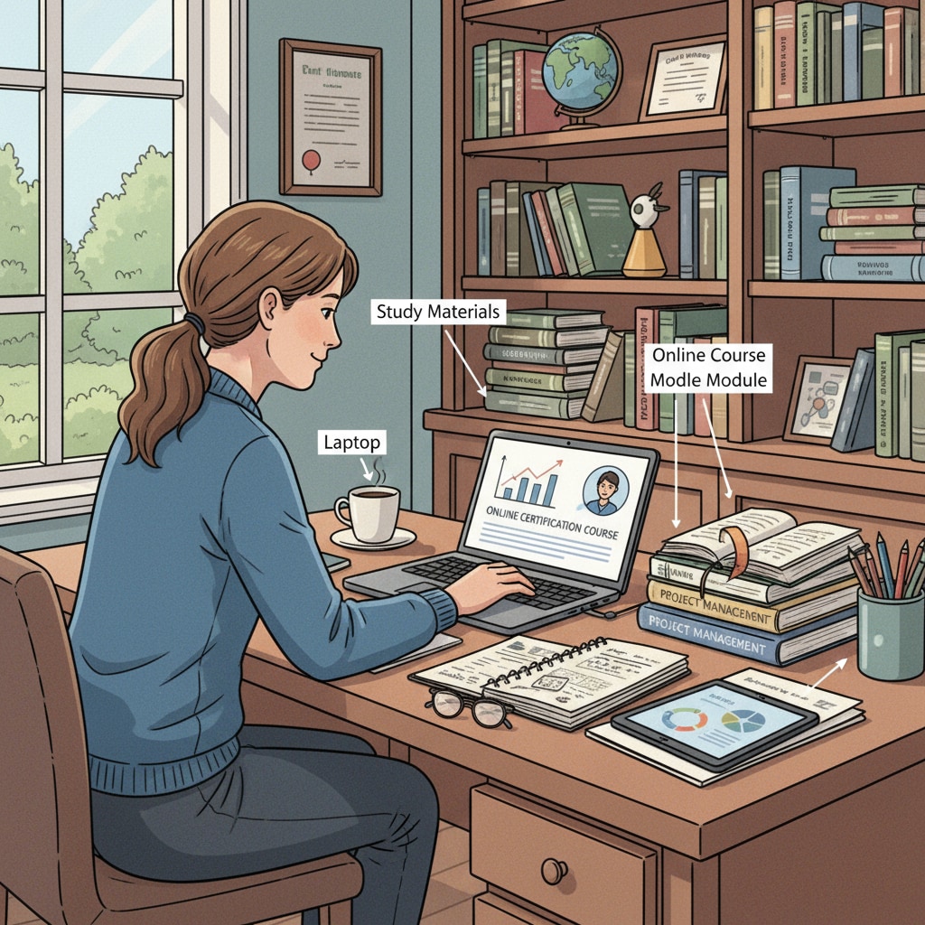 A person is sitting at a desk at home, concentrating on their laptop screen. There are study materials beside the laptop, showing that they are engaged in online on-the-job education. Person studying at home for on-the-job education using a laptop