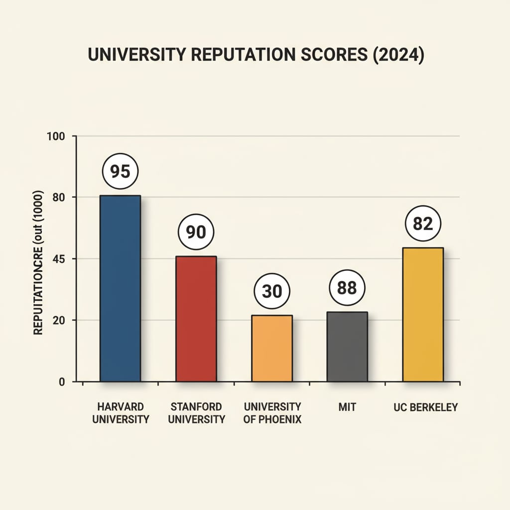 A bar graph is comparing the reputation scores of several universities, including University of Phoenix, with the scores on the y - axis and the university names on the x - axis. Graph showing the reputation comparison of universities relevant to University of Phoenix free degree and career development
