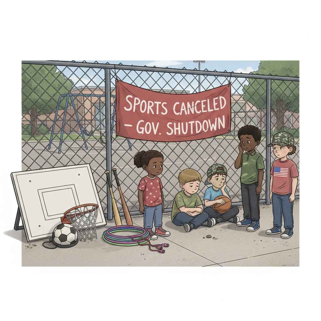 A group of military children are standing near sports equipment in a schoolyard, looking disappointed. The sports equipment is idle, indicating the suspension of sports activities due to the government shutdown. Military children disappointed about the suspension of sports activities during government shutdown in DODEA overseas school
