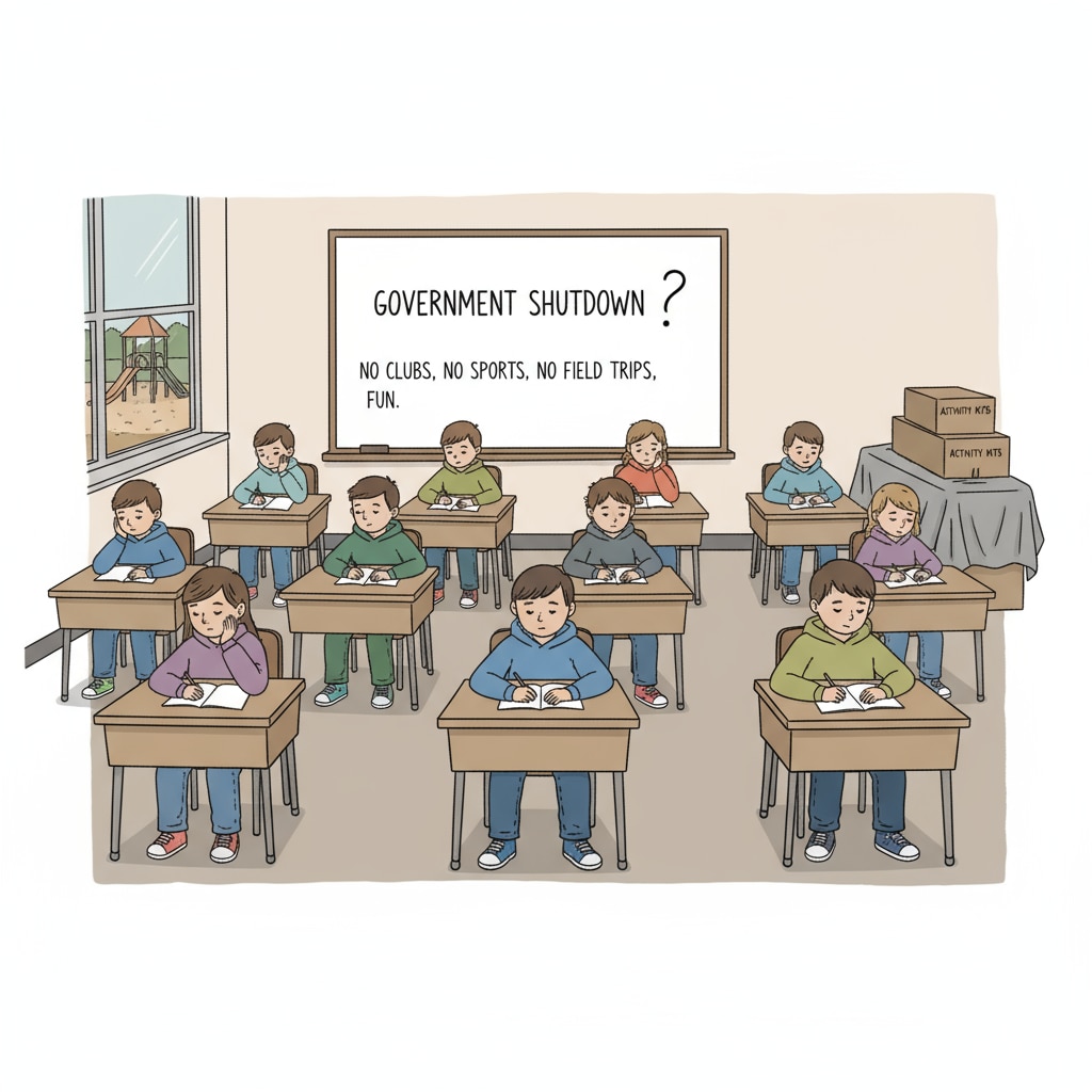 In a classroom, military children are sitting alone, looking bored. There are no signs of extracurricular activities going on, showing the impact of the government shutdown on their social and activity lives. Military children bored due to lack of extracurricular activities during government shutdown in DODEA school