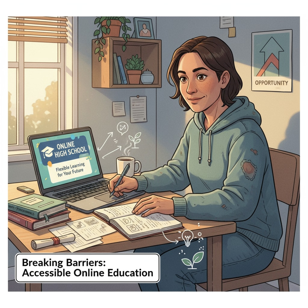 An image showing a low-income adult studying online with a laptop, indicating the accessibility of online high school education. Low-income adult studying online for high school education