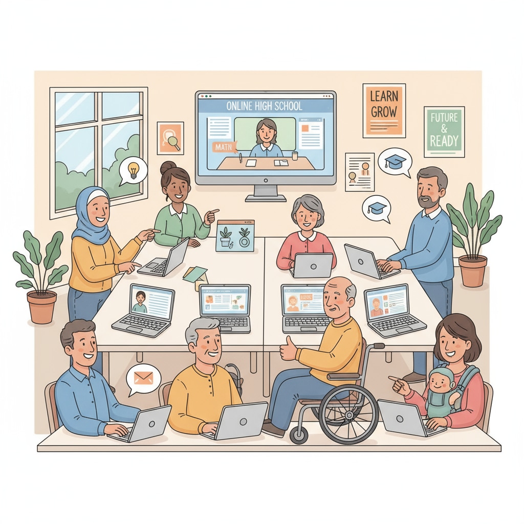A group of low-income adults smiling while attending an online high school class, highlighting the positive impact of online education. Low-income adults attending an online high school class