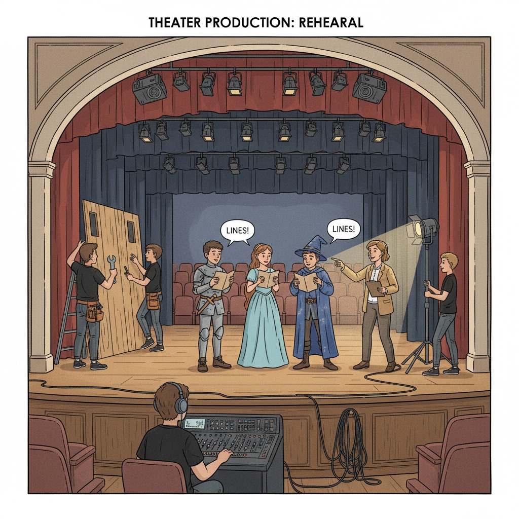 A group of students and technical team members are collaborating on stage during a school play rehearsal. The students are rehearsing their lines while the technical team is making adjustments to the stage setup. Students and technical team working together for a school play related to art education, technical teams, school performances, and theatre services