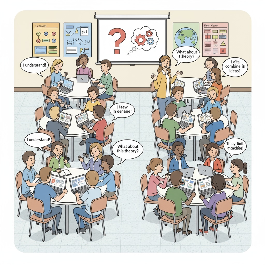 A classroom with students actively participating in a flipped classroom session, discussing concepts and sharing ideas. Students actively participating in a flipped classroom for increased student engagement