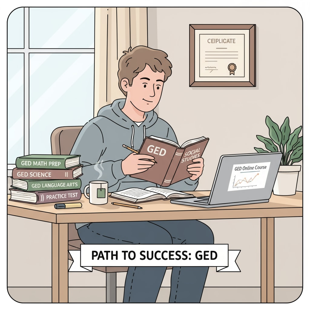 A young person is sitting at a desk, surrounded by GED study books and a laptop, looking focused as they study for the GED test. This represents the determination of students with depression to pursue an alternative educational path. A student with depression studying for GED to improve employment prospects