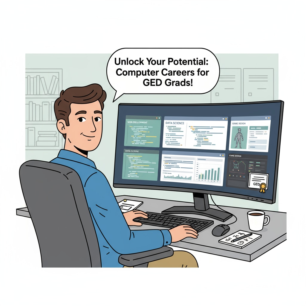 A person is sitting in front of a computer, typing away with multiple coding windows and software open on the screen, indicating their work in the computer industry. This shows the opportunities available for GED holders in the computer field. A GED holder working in the computer industry to enhance their employment prospects