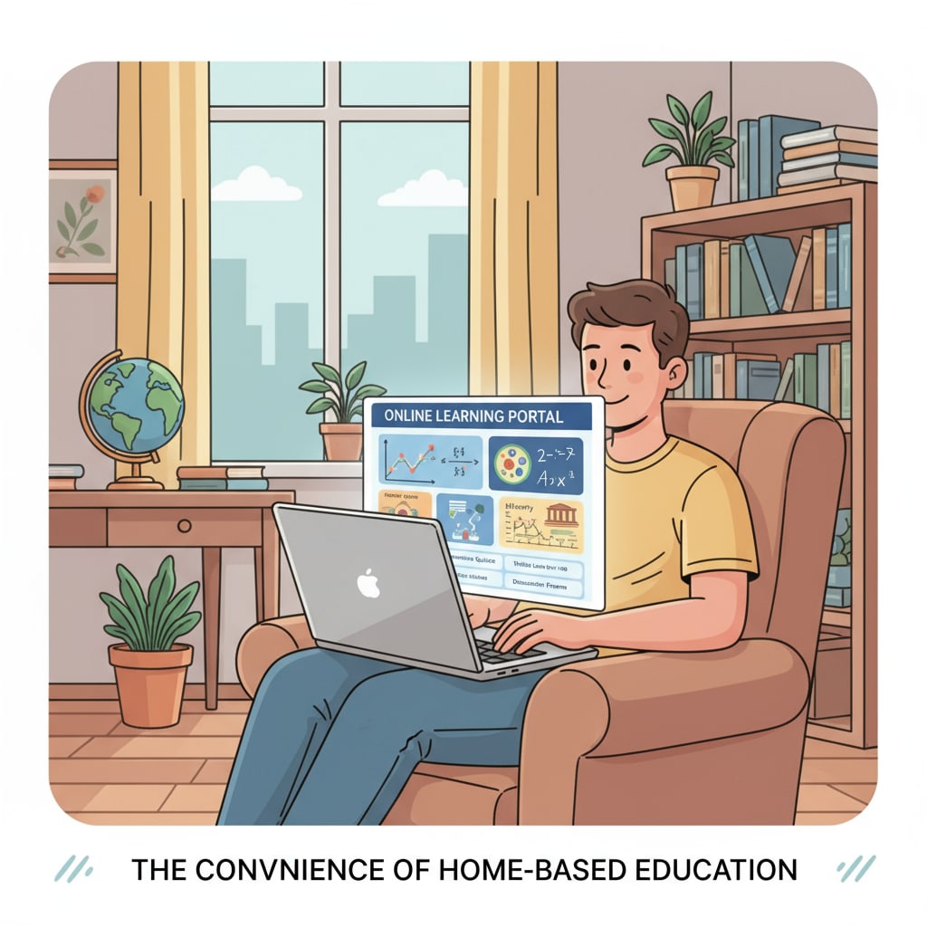 A person is sitting in a comfortable environment, using a laptop to engage in an online learning session. The screen shows various educational materials, indicating the convenience of learning from home. A person studying online for degree compensation to enhance career security