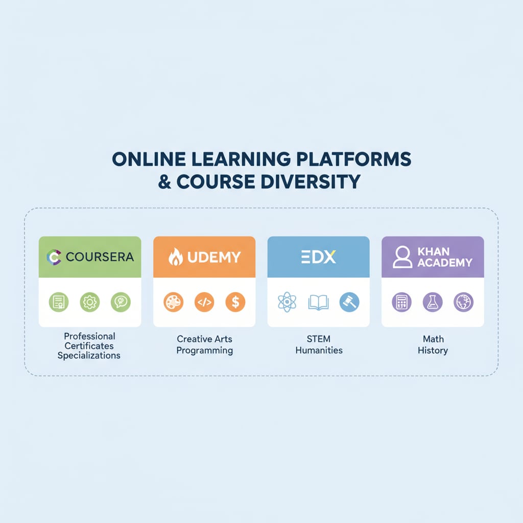 A graphic presenting different well-known online learning platforms, along with icons representing the diverse courses they offer, emphasizing the variety of educational opportunities available online. Graphic showing online learning platforms for degree compensation and career security