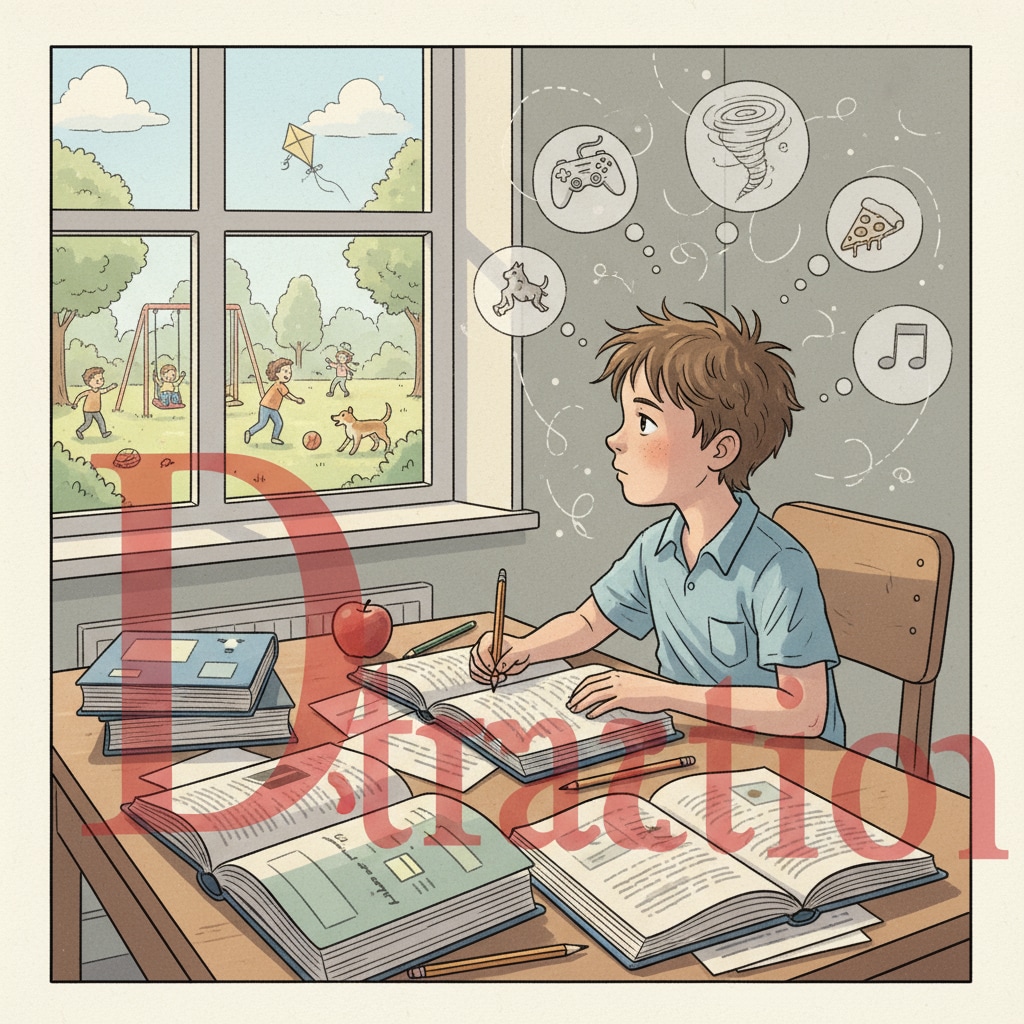 A student with attention deficit looking distracted while studying theory. The student is sitting at a desk with books open but is clearly not focused, looking out of the window. A student with attention deficit showing signs of distraction during theory study