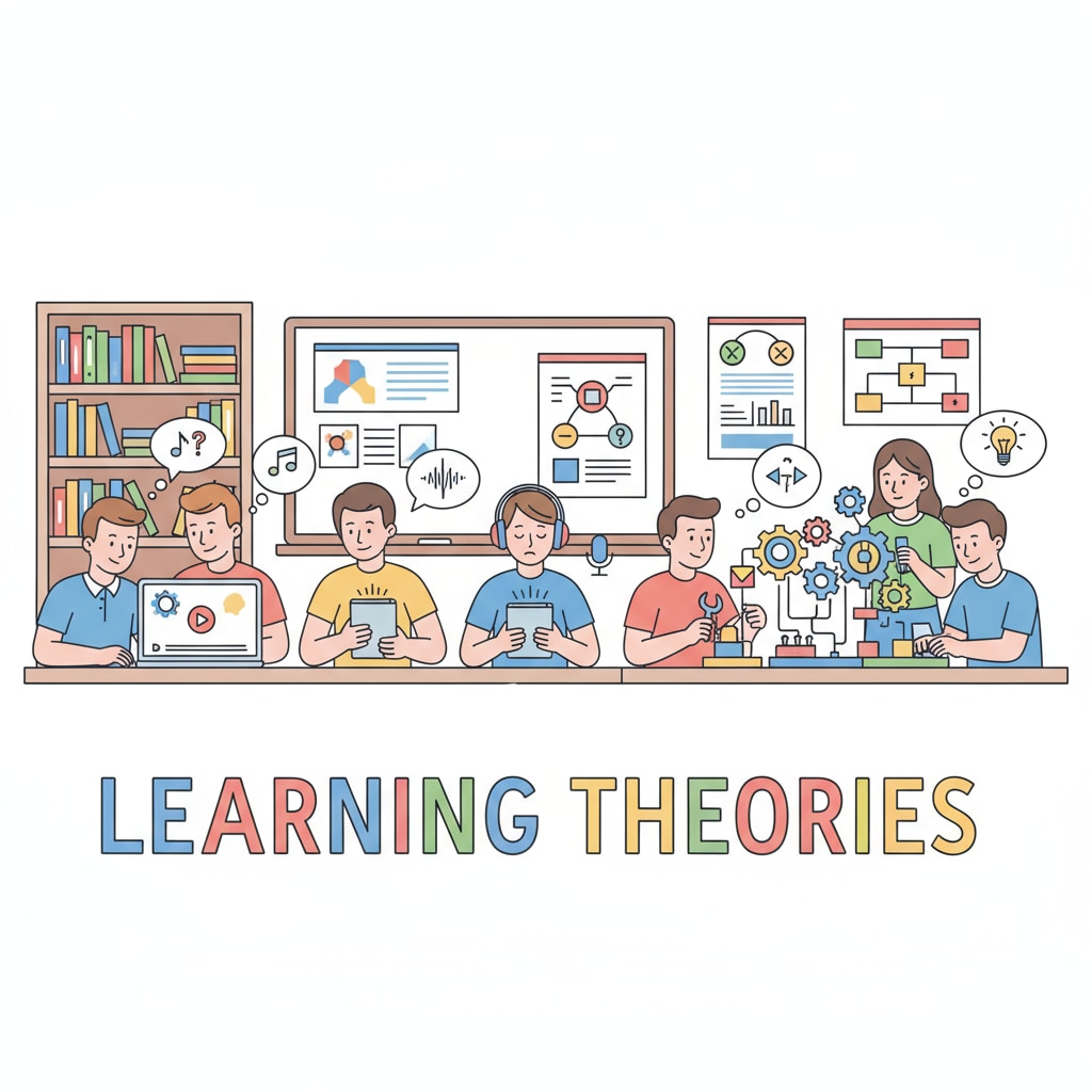 Students using different sensory methods to learn theory. Some are watching a video on a laptop, some are listening to a podcast with headphones, and some are building a model with hands-on materials. Students engaging in multi-sensory learning to improve theory learning efficiency