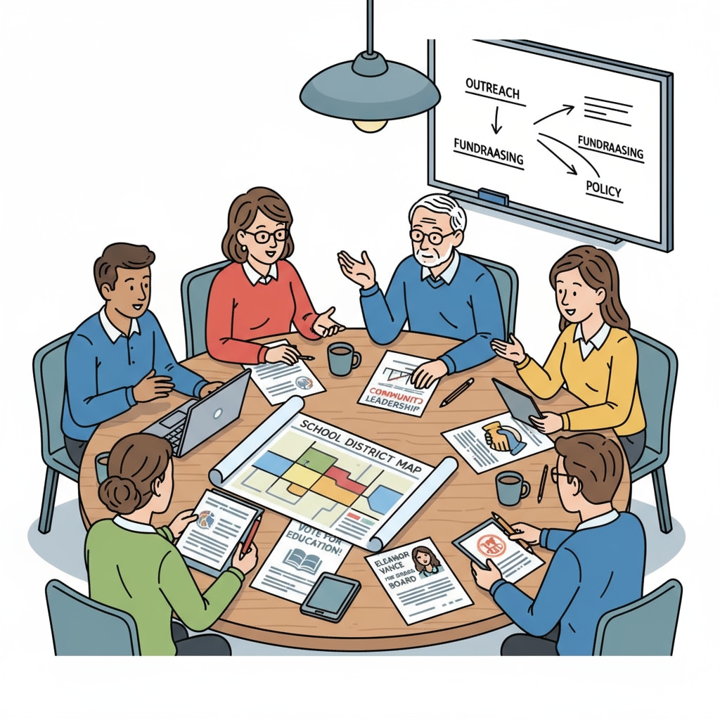 A group of LGBTQ+ individuals sitting around a table, discussing strategies for school board elections, with papers and posters related to the campaign. A group of LGBTQ+ individuals discussing school board election strategies
