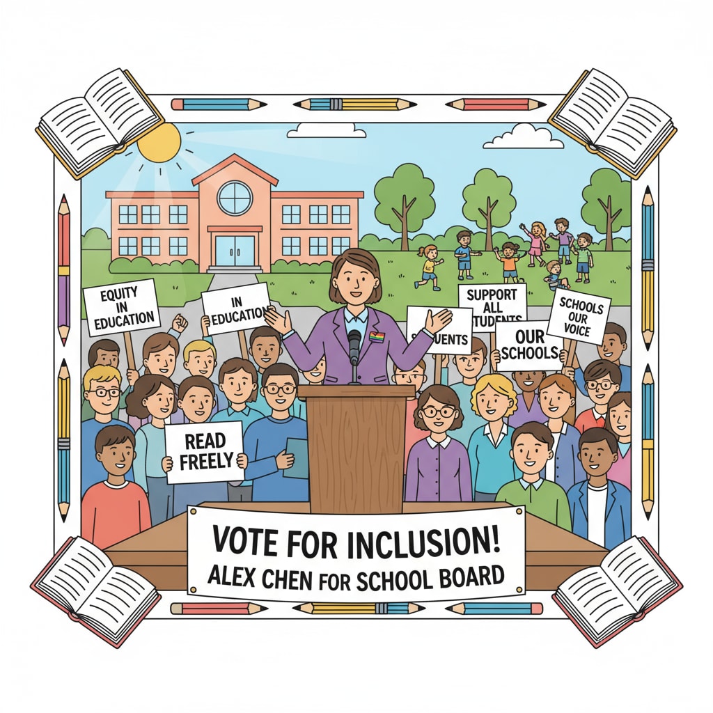 An LGBTQ+ candidate standing on a stage, speaking passionately at a rally for school board elections, with supporters holding signs. An LGBTQ+ candidate speaking at a school board election rally