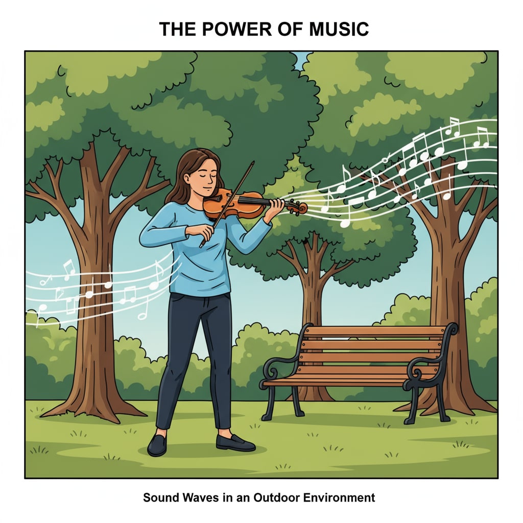 A violinist is performing in a park. There are trees and a bench in the background. The violinist is deeply engaged in playing, and the sound of the violin fills the air. A violinist playing in a park where the sound was misinterpreted as crying