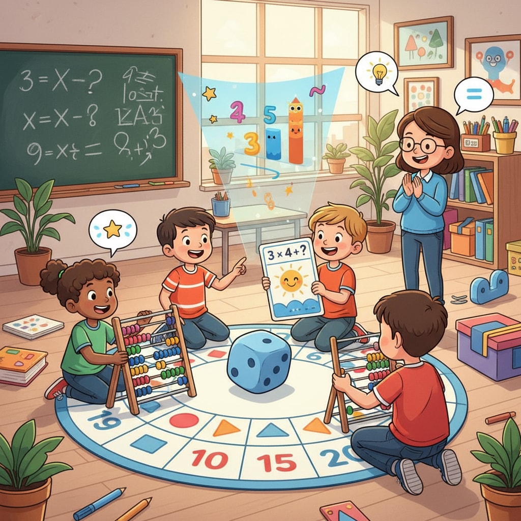 A group of 9-year-old children are happily participating in a math-related game activity, showing great enthusiasm. 9-year-old children engaged in game-based math learning