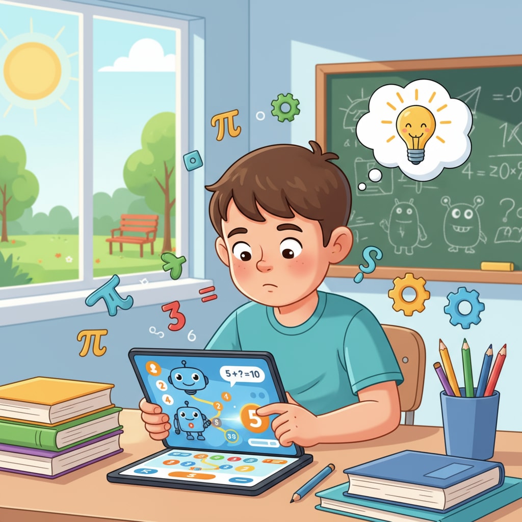 A young child is concentrating on using an online math learning platform on a tablet, with an interested expression. Child using an online math learning platform for learning