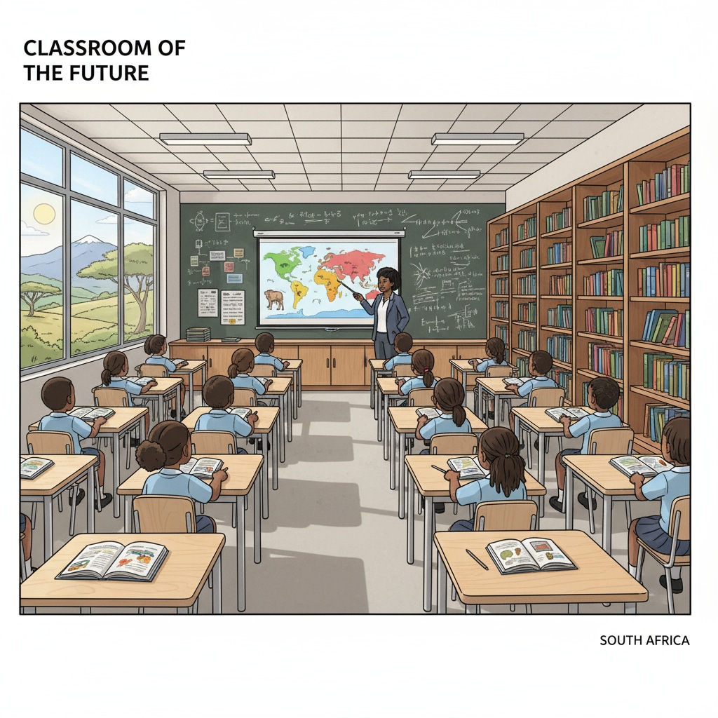 A group of students in a well - equipped classroom in South Africa, with modern desks, projectors, and a rich library in the background. Students in a well - resourced classroom in the South African education system, highlighting educational inequality in resource allocation.