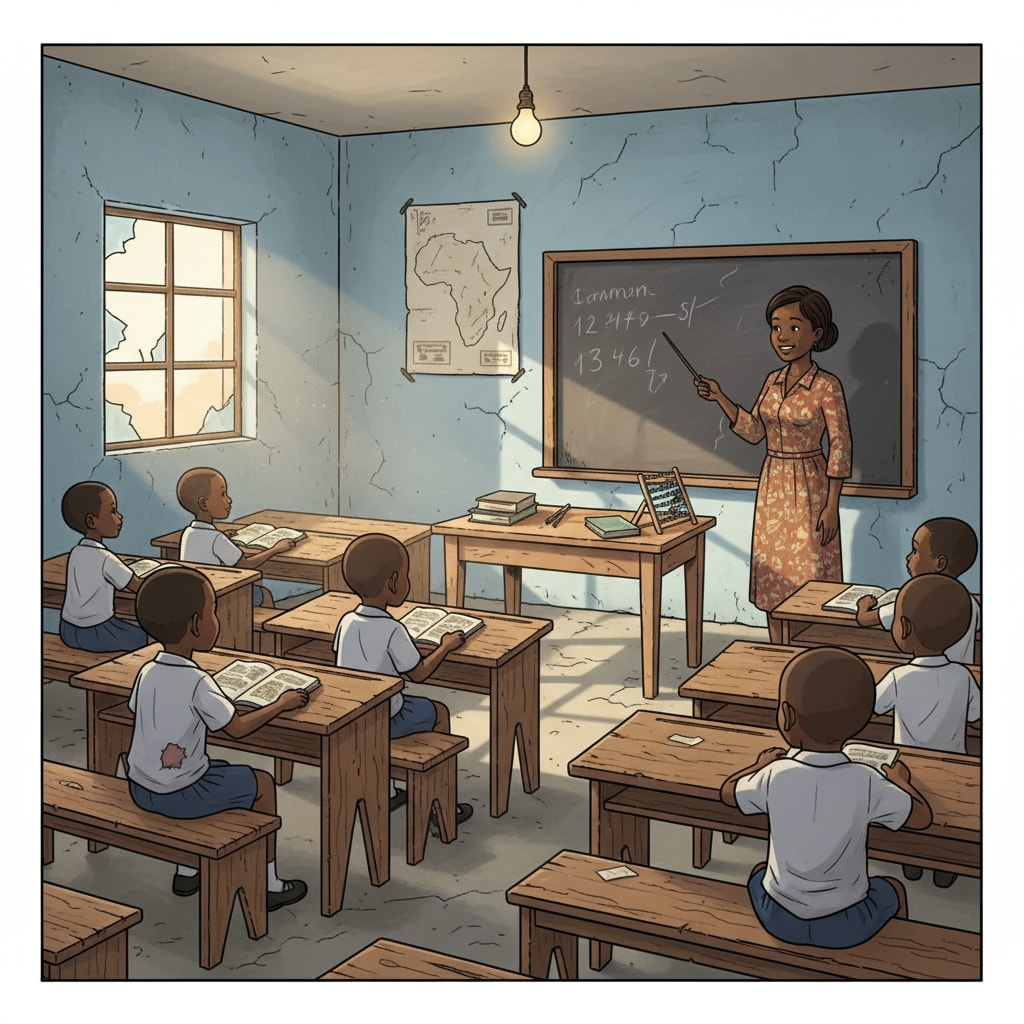 A classroom in a poor area of South Africa with simple facilities, showing dilapidated desks, few teaching aids, and a lack of proper lighting. A classroom in a disadvantaged area of South Africa, demonstrating the resource shortage and educational inequality in the South African education system.
