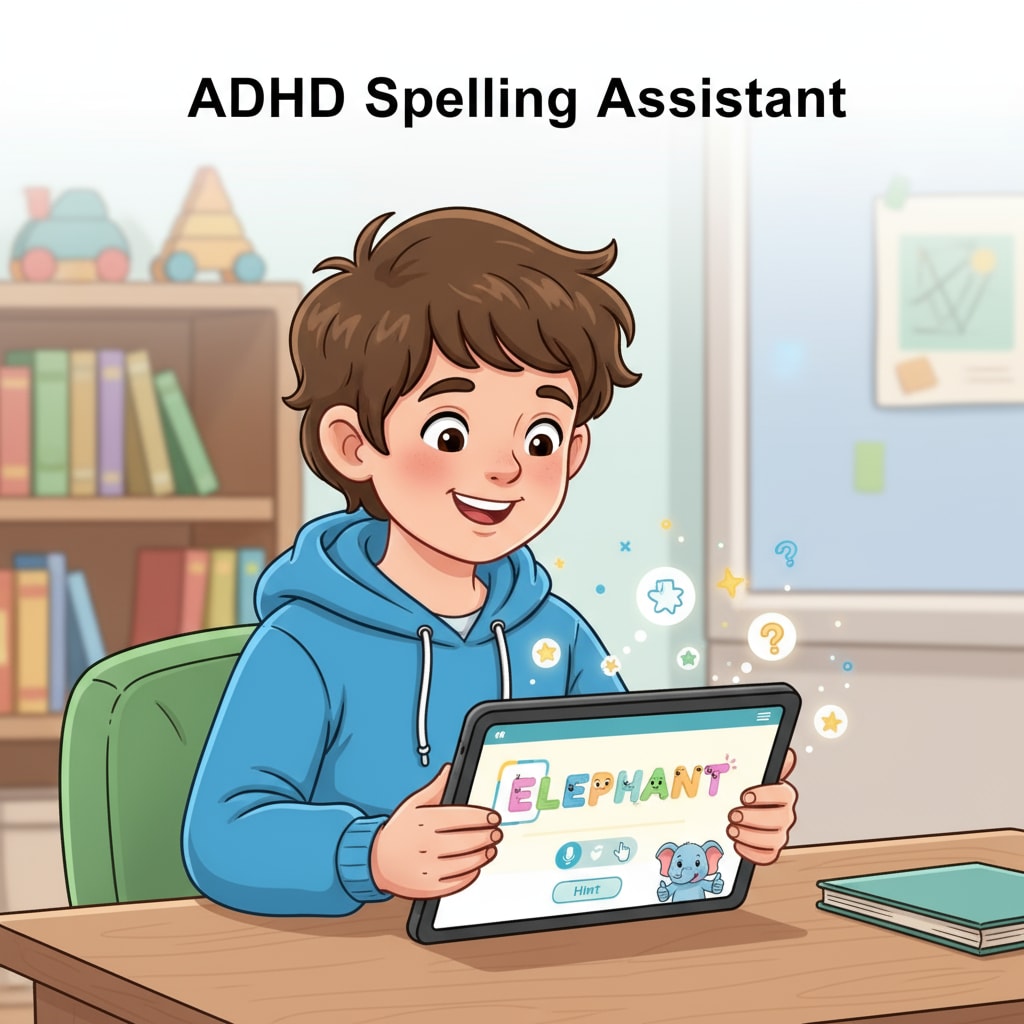 A child with ADHD is using a tablet app for spelling learning. The app has colorful graphics and interactive elements to keep the child engaged. A child with ADHD using a spelling learning app