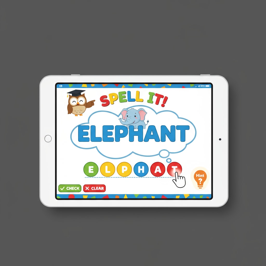 A close-up view of a spelling app interface. It shows colorful graphics, interactive buttons, and a word being spelled. Close-up of a spelling app interface for ADHD children