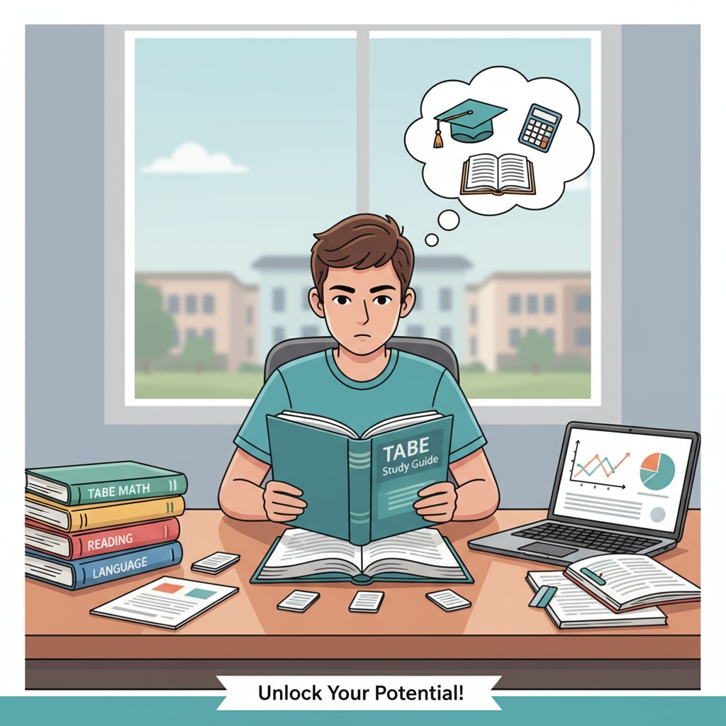 A young person sitting at a desk, surrounded by TABE exam study materials, looking determined. A person studying for TABE exams related to firefighter EMT training.