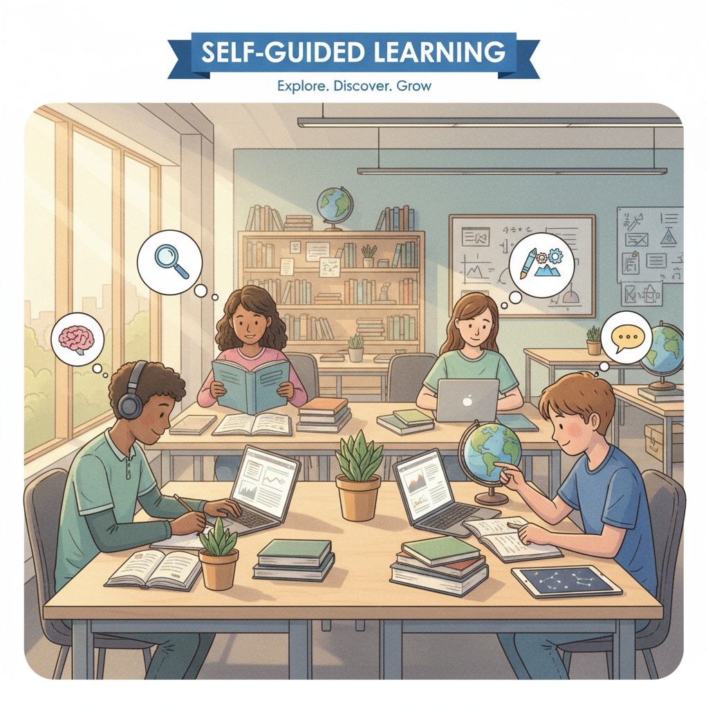 A group of teenagers studying independently with books and laptops, symbolizing self-learning. Teenagers using self-learning resources for educational growth