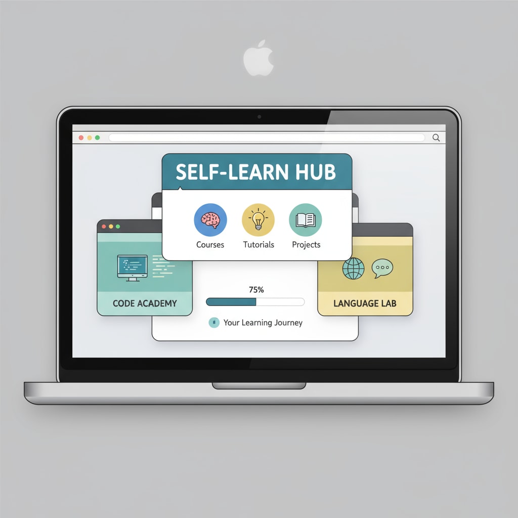 A close-up of a laptop screen showing various educational websites, highlighting self-learning resources. Laptop screen displaying educational resources for curriculum planning