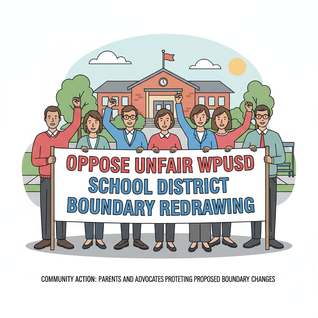 A group of parents and education advocates are holding a large sign that reads 'Oppose Unfair WPUSD School District Boundary Redrawing'. Parents and education advocates protesting WPUSD school district boundary redrawing